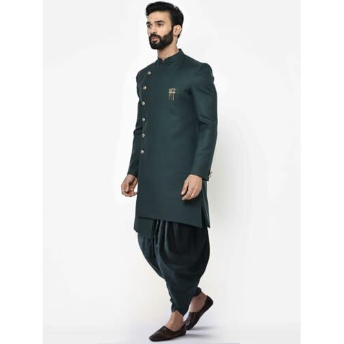 Kisah Men's Indo-Western Sherwani Dhoti Set, Green Cotton Blend, Solid Dyed Regular Fit Long Sleeves Mandarin Collar (38)