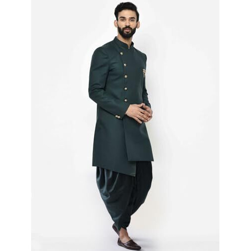 Kisah Men's Indo-Western Sherwani Dhoti Set, Green Cotton Blend, Solid Dyed Regular Fit Long Sleeves Mandarin Collar (38)