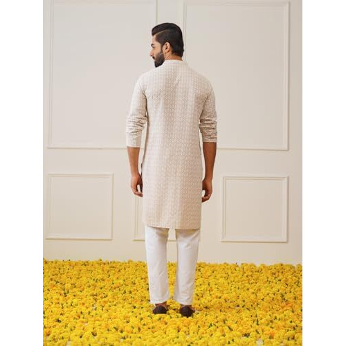 Jompers Men's Beige Sequin Embroidered Pure Cotton Kurta With Pyjamas (Beige, M)