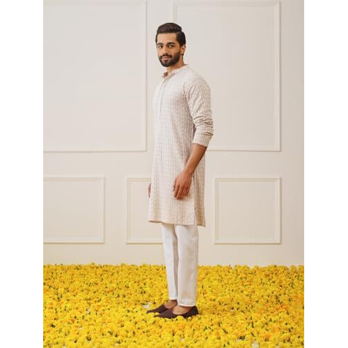 Jompers Men's Beige Sequin Embroidered Pure Cotton Kurta With Pyjamas (Beige, M)