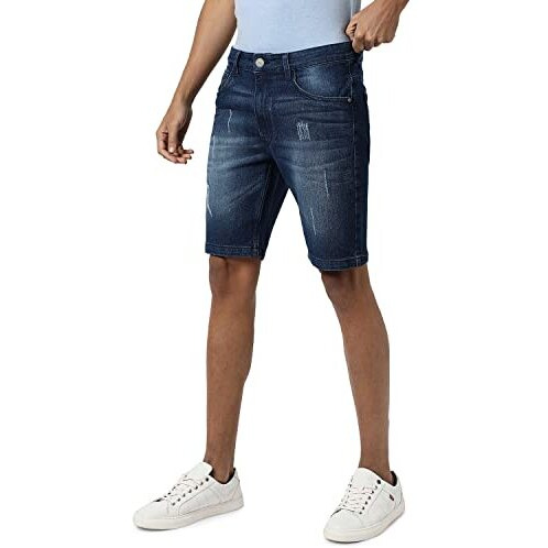 Campus Sutra MenS Classic Blue Medium-Washed Distressed Patterned Regular Fit Denim Shorts | Premium Stretchable Cotton Mid-Rise Crafted With Comfort Fit For Everyday Wear