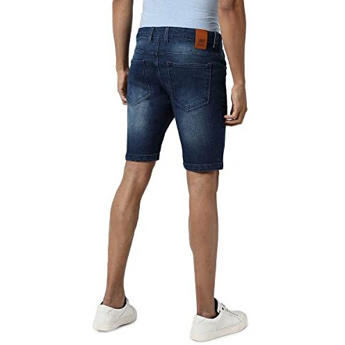 Campus Sutra MenS Classic Blue Medium-Washed Distressed Patterned Regular Fit Denim Shorts | Premium Stretchable Cotton Mid-Rise Crafted With Comfort Fit For Everyday Wear