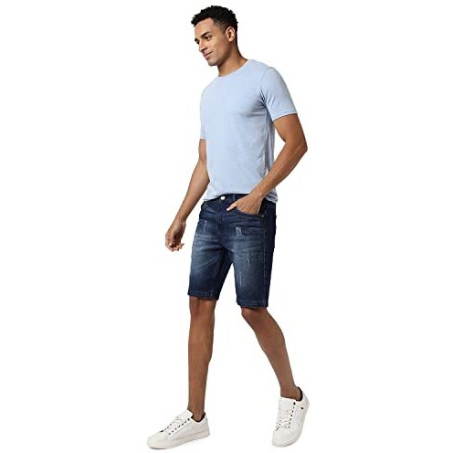 Campus Sutra MenS Classic Blue Medium-Washed Distressed Patterned Regular Fit Denim Shorts | Premium Stretchable Cotton Mid-Rise Crafted With Comfort Fit For Everyday Wear