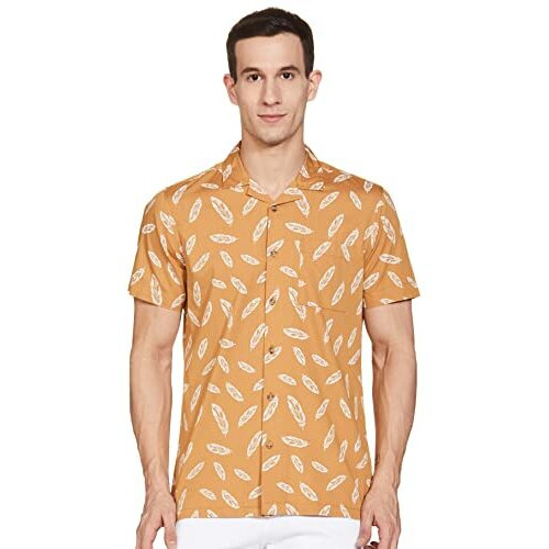 Amazon Brand - House & Shields Men's Floral Regular Shirt (Hs-S22-Cs-03_Mustard-Resort Feather L)