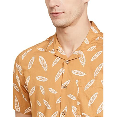 Amazon Brand - House & Shields Men's Floral Regular Shirt (Hs-S22-Cs-03_Mustard-Resort Feather L)