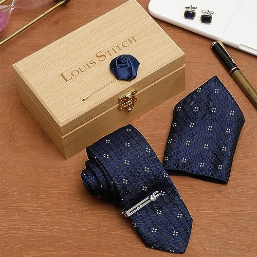 Louis Stitch Mens Denim Blue Italian Silk Necktie Set Incl Pocket Square Cufflinks Chrome Tiepin Brooch American Style Formal Tie Gift Set For Men (Tebu029Cp)
