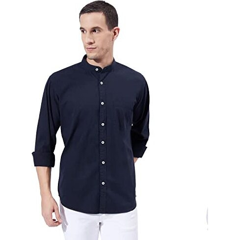Ben Martin Men's Cotton Mandarin Collar Shirt With Chest Pocket|| Chinese Collar, Slim Fit, Casual & Formal Wear || Soft & Breathable Fabric || Navy Blue Full Sleeve Shirt For Men L