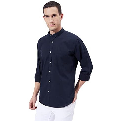 Ben Martin Men's Cotton Mandarin Collar Shirt With Chest Pocket|| Chinese Collar, Slim Fit, Casual & Formal Wear || Soft & Breathable Fabric || Navy Blue Full Sleeve Shirt For Men L