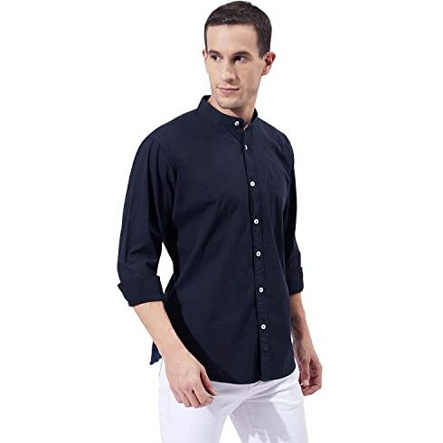 Ben Martin Men's Cotton Mandarin Collar Shirt With Chest Pocket|| Chinese Collar, Slim Fit, Casual & Formal Wear || Soft & Breathable Fabric || Navy Blue Full Sleeve Shirt For Men L