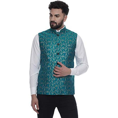 Veera Paridhaan Men Banarasi Printed Chinese Collar Nehru Jacket (Green, Xl-42)