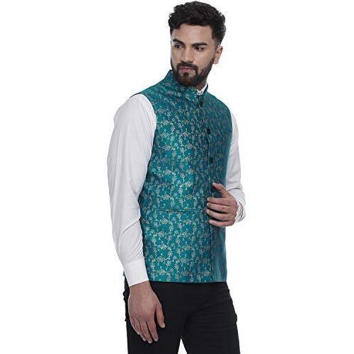 Veera Paridhaan Men Banarasi Printed Chinese Collar Nehru Jacket (Green, Xl-42)