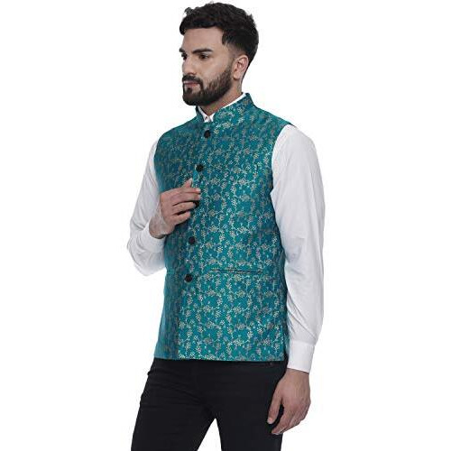 Veera Paridhaan Men Banarasi Printed Chinese Collar Nehru Jacket (Green, Xl-42)