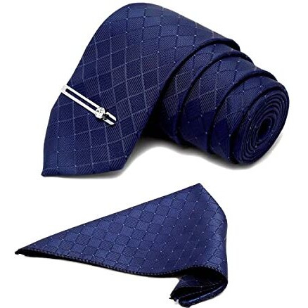Louis Stitch Mens Marine Blue Italian Silk Necktie Set Incl Pocket Square Chrome Tiepin American Style Formal Tie Gift Set For Men (Tecpbu037)