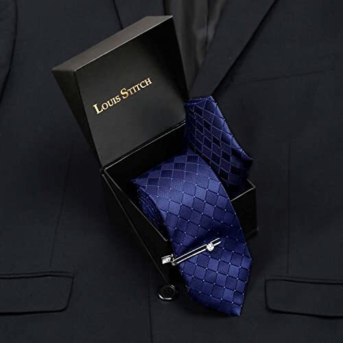 Louis Stitch Mens Marine Blue Italian Silk Necktie Set Incl Pocket Square Chrome Tiepin American Style Formal Tie Gift Set For Men (Tecpbu037)