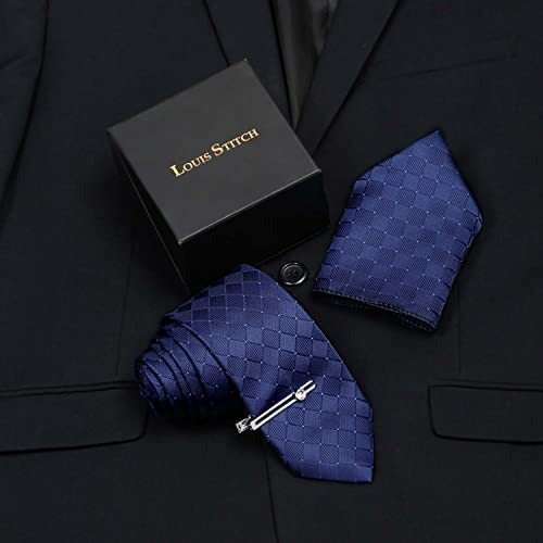 Louis Stitch Mens Marine Blue Italian Silk Necktie Set Incl Pocket Square Chrome Tiepin American Style Formal Tie Gift Set For Men (Tecpbu037)