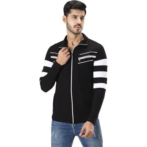 Black Collection Men's Black, White Color Block Zipper T Shirt(Sku Bcn019_Bw_Xl)