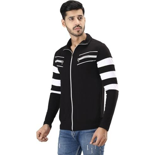 Black Collection Men's Black, White Color Block Zipper T Shirt(Sku Bcn019_Bw_Xl)