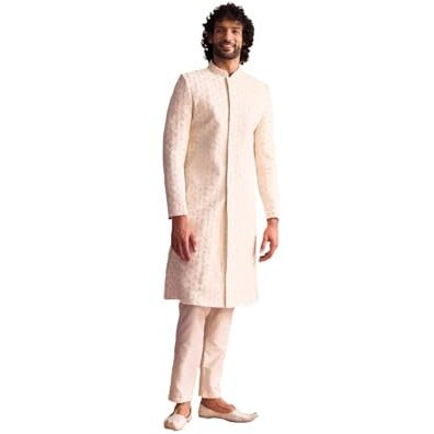 Vastramay Men's Cream Georgette Sherwani Set_Vshrmiw237Crnpant002Cr_36