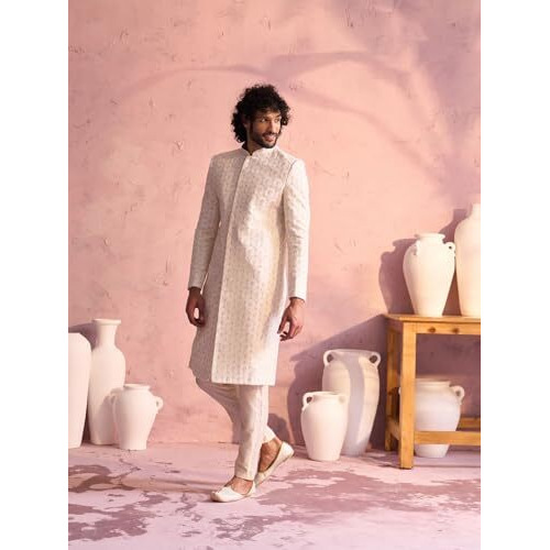 Vastramay Men's Cream Georgette Sherwani Set_Vshrmiw237Crnpant002Cr_36