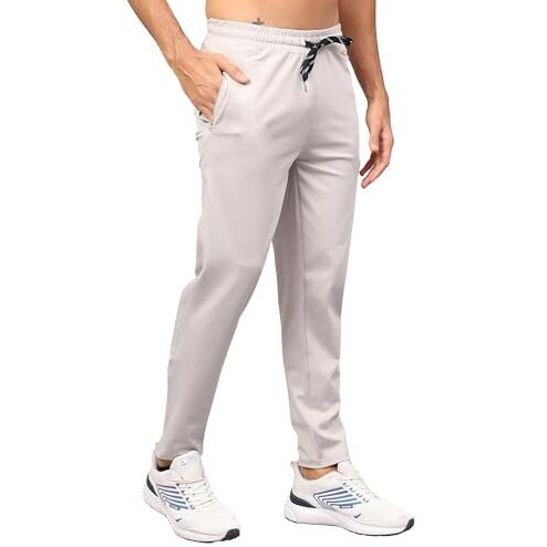 Unifringe Men 4 Way Lycra Back Pocket Solid Gym, Yoga & Sports Wear Stretchable Dry Fit Mid Rise Track Pant With Side Zipper Pockets Light Grey Medium