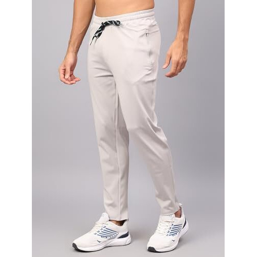 Unifringe Men 4 Way Lycra Back Pocket Solid Gym, Yoga & Sports Wear Stretchable Dry Fit Mid Rise Track Pant With Side Zipper Pockets Light Grey Medium
