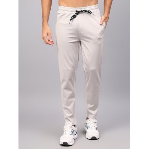 Unifringe Men 4 Way Lycra Back Pocket Solid Gym, Yoga & Sports Wear Stretchable Dry Fit Mid Rise Track Pant With Side Zipper Pockets Light Grey Medium