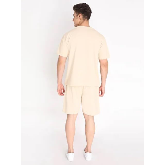 Royalscout MenS Night Suit | Men's Co-Ord Set | Lounge-Wear Nightdress Pajama Set | Summer Night Wear | Solid Plain Casual Pajama Shorts Set | Beach Wear (L, Cream)