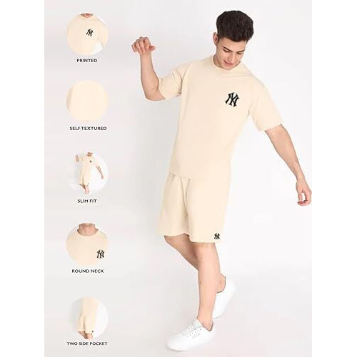 Royalscout MenS Night Suit | Men's Co-Ord Set | Lounge-Wear Nightdress Pajama Set | Summer Night Wear | Solid Plain Casual Pajama Shorts Set | Beach Wear (L, Cream)