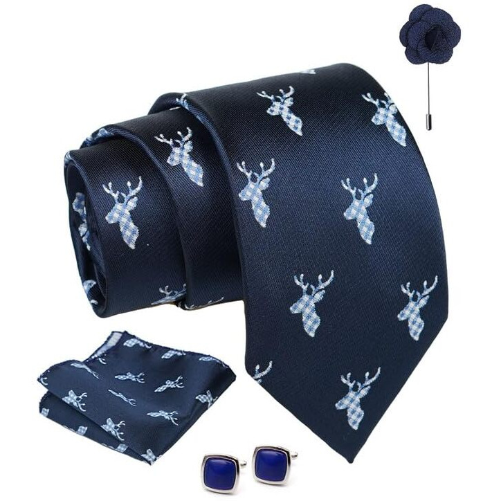 Axlon Navy Blue Animal Print Tie For Men  Formal Ties Set With Pocket Square & Tie Pin Clip For Mens, Silk Neckties Gift Sets For MenS (Ax24_26)