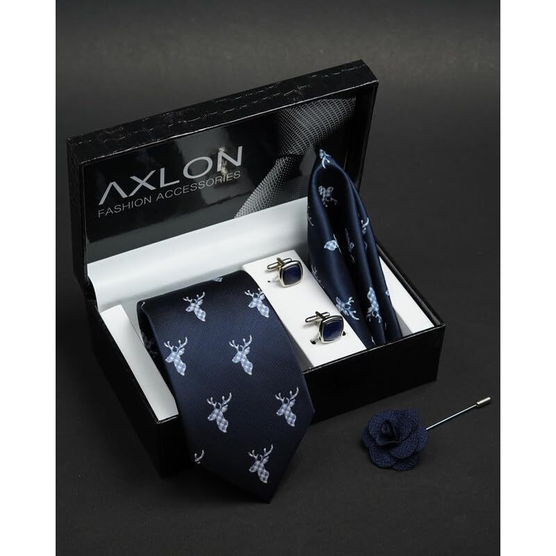 Axlon Navy Blue Animal Print Tie For Men  Formal Ties Set With Pocket Square & Tie Pin Clip For Mens, Silk Neckties Gift Sets For MenS (Ax24_26)