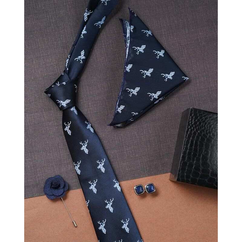 Axlon Navy Blue Animal Print Tie For Men  Formal Ties Set With Pocket Square & Tie Pin Clip For Mens, Silk Neckties Gift Sets For MenS (Ax24_26)