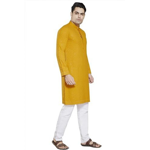 Divisive Men's Sequince Embroidered Cotton Blend Slim Fit Kurta Pyjama Set (Dkrt31_L_Mustard)