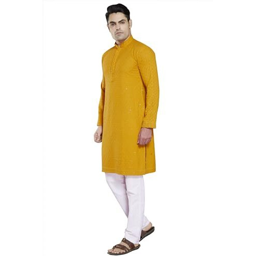 Divisive Men's Sequince Embroidered Cotton Blend Slim Fit Kurta Pyjama Set (Dkrt31_L_Mustard)
