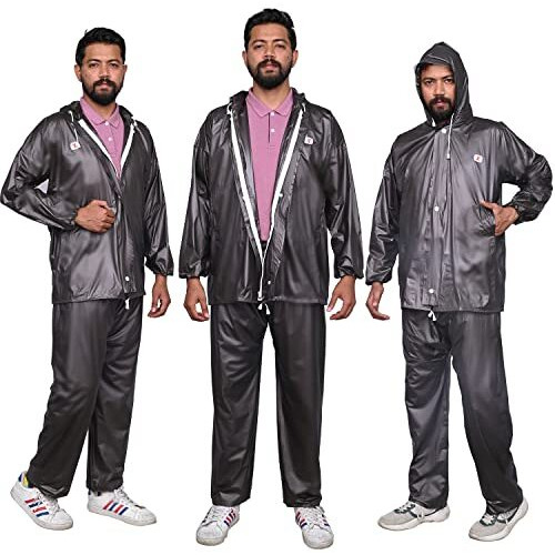 Allextreme Raincoat Set With Drawstring Hem Adjustable Hood & Pants Rain Gear Wet Weather Protection Rainsuit With Carrying Pouch (Dark Grey, Xxl)