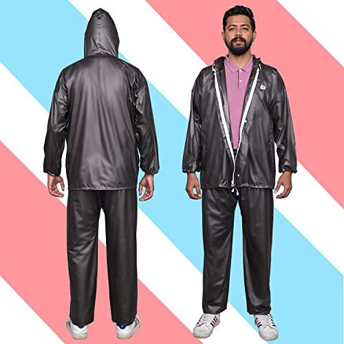 Allextreme Raincoat Set With Drawstring Hem Adjustable Hood & Pants Rain Gear Wet Weather Protection Rainsuit With Carrying Pouch (Dark Grey, Xxl)