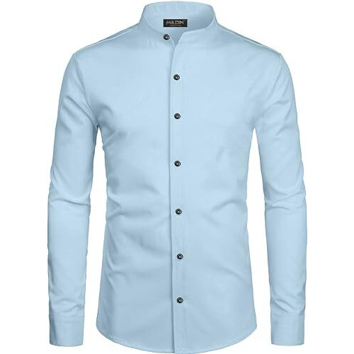 Mildin Men's Regular Cotton Blend Sky Blue Slim Fit Solid Button Down Mandarin Chinese Collar Full Sleeve Curved Hemline Casual Shirt (Sky Blue Chinese 2 - L)