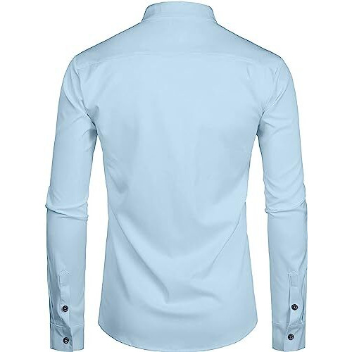 Mildin Men's Regular Cotton Blend Sky Blue Slim Fit Solid Button Down Mandarin Chinese Collar Full Sleeve Curved Hemline Casual Shirt (Sky Blue Chinese 2 - L)