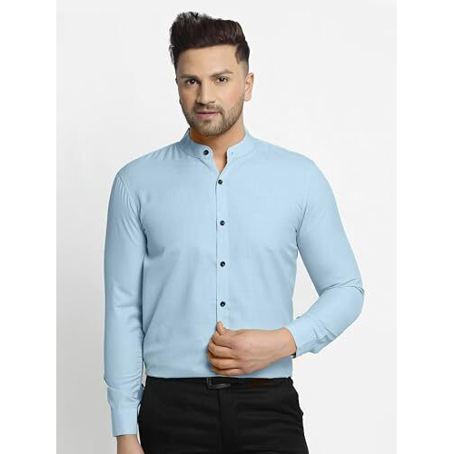 Mildin Men's Regular Cotton Blend Sky Blue Slim Fit Solid Button Down Mandarin Chinese Collar Full Sleeve Curved Hemline Casual Shirt (Sky Blue Chinese 2 - L)