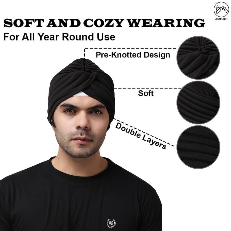 Bismaadh Sikh Traditional Readymade Turban, Dastar, Pagri, Beanie Head Cover For Men Black