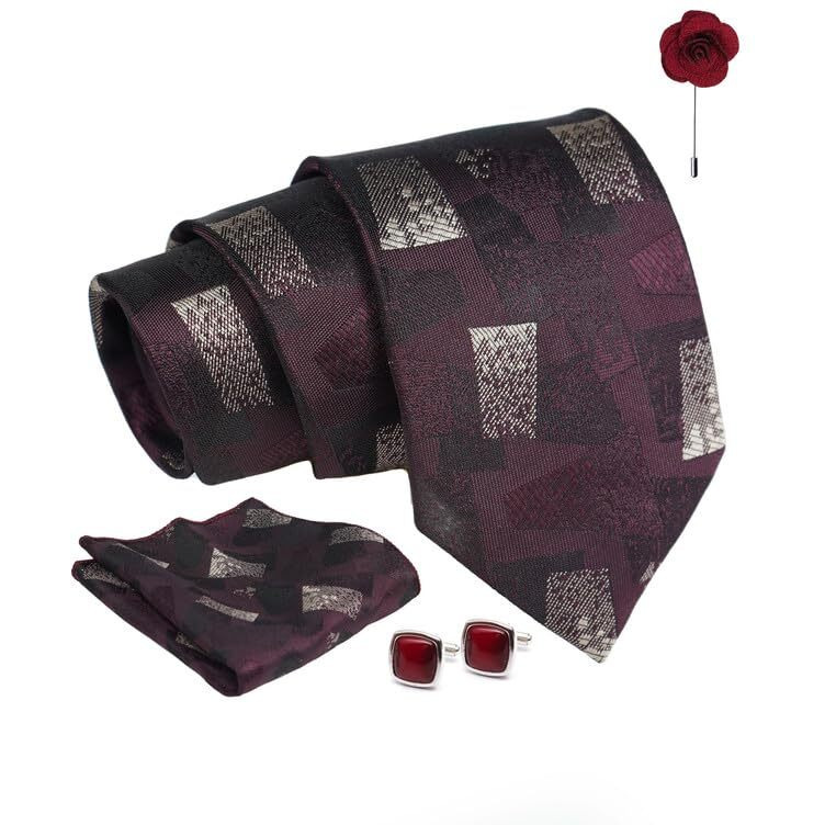 Axlon Wine Geometric Tie For Men  Formal Ties Set With Pocket Square & Tie Pin Clip For Mens, Silk Neckties Gift Sets For MenS (Ax24_53)