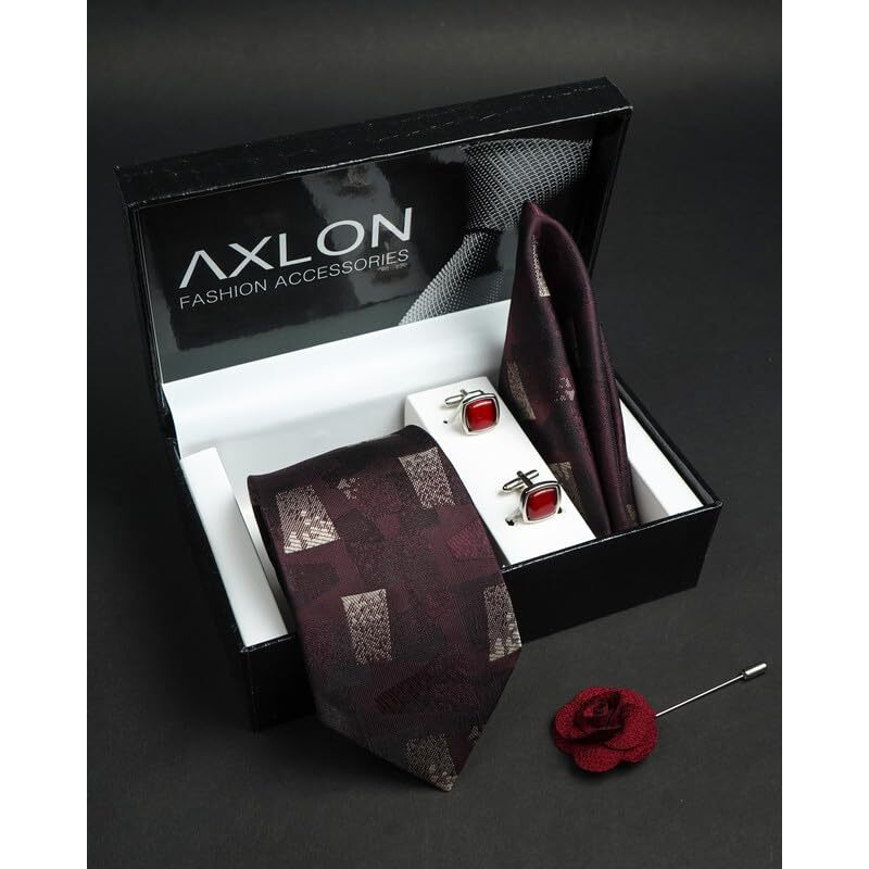 Axlon Wine Geometric Tie For Men  Formal Ties Set With Pocket Square & Tie Pin Clip For Mens, Silk Neckties Gift Sets For MenS (Ax24_53)