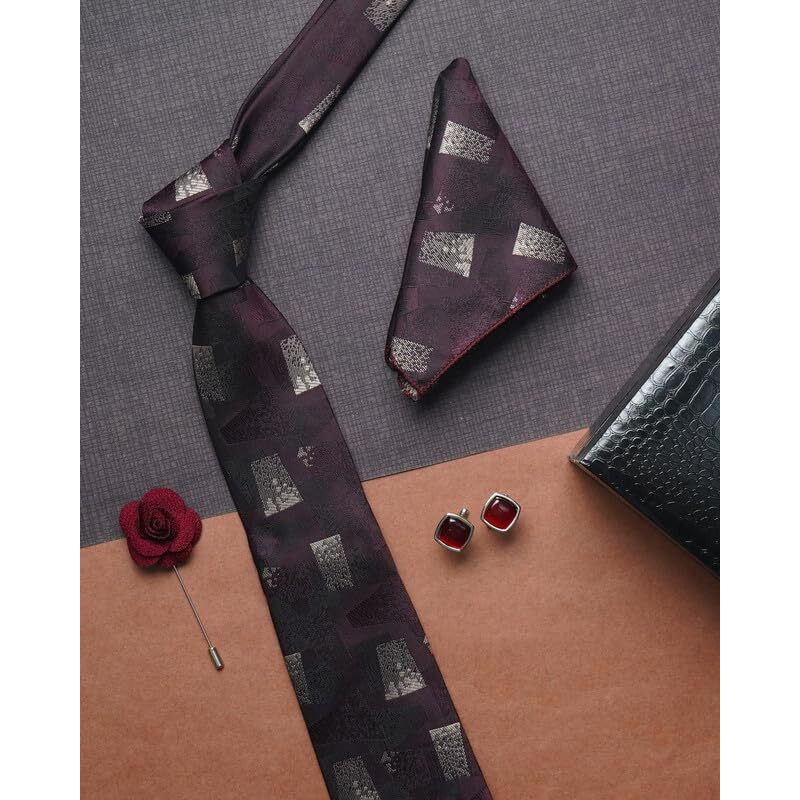 Axlon Wine Geometric Tie For Men  Formal Ties Set With Pocket Square & Tie Pin Clip For Mens, Silk Neckties Gift Sets For MenS (Ax24_53)