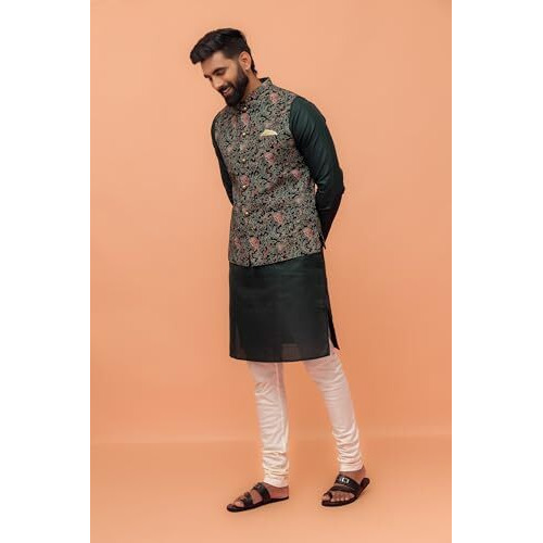 Kisah Men Green Black Printed Nehru Jacket Ethnic Festive Waistcoat Cotton, Regular Fit