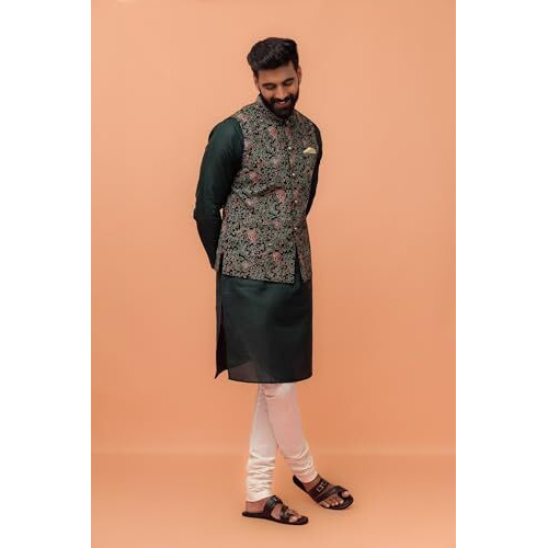 Kisah Men Green Black Printed Nehru Jacket Ethnic Festive Waistcoat Cotton, Regular Fit