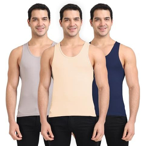 Freecultr Cotton Vest For Men Sleeveless Lightweight Solid Round Neck Comfort Vests Breathable & Comfortable Innerwear Sando For Man Regular Fit - 2Xl Pack Of 3-Light Coral,Light Grey,Navy