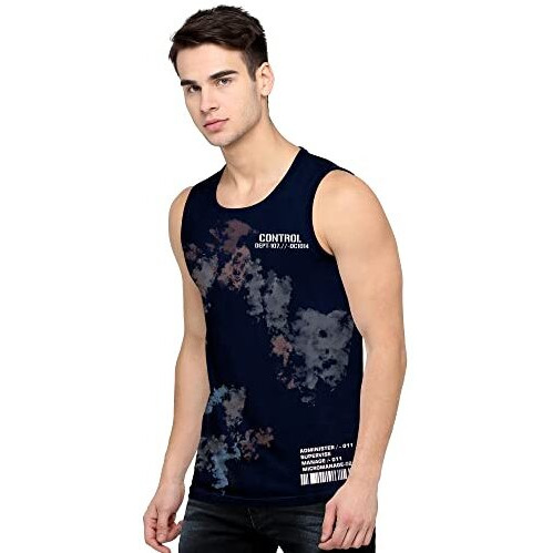 Jump Cuts Mens All Over Printed Round Neck Sleeveless Navy Cotton Slim Fit Vest