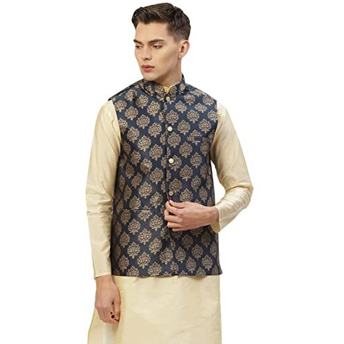 Jompers Men's Woven Design Nehru Jacket. (Navy, Xl)