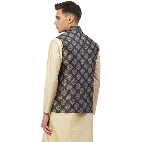 Jompers Men's Woven Design Nehru Jacket. (Navy, Xl)