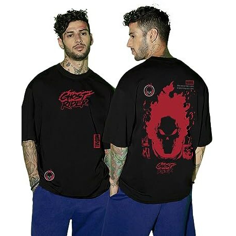Bewakoof X Official Marvel Merchandise Men's Ghost Rider Spirit Of Vengeance Graphic Printed 100% Cotton T-Shirt - Oversized Fit, Round Neck, Half Sleeves_604148_Black_Xl