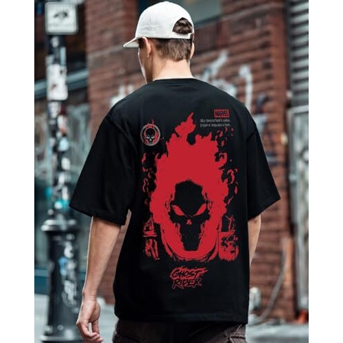 Bewakoof X Official Marvel Merchandise Men's Ghost Rider Spirit Of Vengeance Graphic Printed 100% Cotton T-Shirt - Oversized Fit, Round Neck, Half Sleeves_604148_Black_Xl